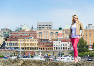 Professional realtor portrait with Victoria BC downtown skyline